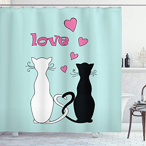 ABAKUHAUS Gatto Tenda da Doccia, Tangled Tails in Love, Tessuto Set di Decorazioni per il Bagno con Ganci, per la vasca da bagno, 175 cm x 180 cm, Blu cadetto Rosa