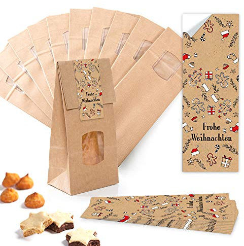 Logbuch-Verlag 100 braune Kekstüten 10,5 x 6,5 x 29 cm mit Aufkleber - Verpackung für Lebensmittel - Plätzchentüte Geschenk-Verpackung