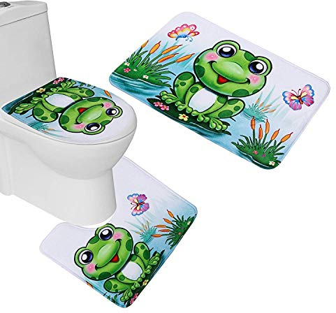RedBeans 3-teiliges Badezimmermatten-Set mit Frosch-Motiv, Flanell, Badematte + WC-Vorleger + WC-Deckel.
