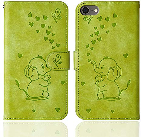 Ailisi für iPhone 7/iPhone 8/SE 2020/SE 2022 Hülle, Karikatur Elefant Muster Leder Handyhülle Brieftasche Schutzhülle Leder Flip Case Wallet Cover Klapphüllen Tasche Etui mit Kartenfächern -Grün