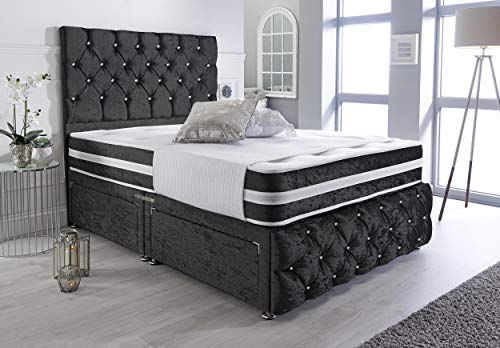 Sleep Factory's Luxury Black Crushed Velvet Chesterfield 2 Drawer Divan Bed Set, Mattress & Headboard (4.6FT (Double))