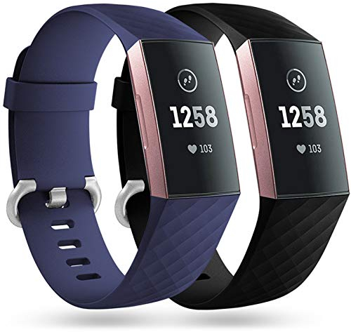 Faliogo 2 Pack Replacement Bands Compatible with Fitbit Charge 3 Bracelet/Fitbit Charge 4 Bracelet, Classic Sport Bands for Women Men Small, Black/Blue