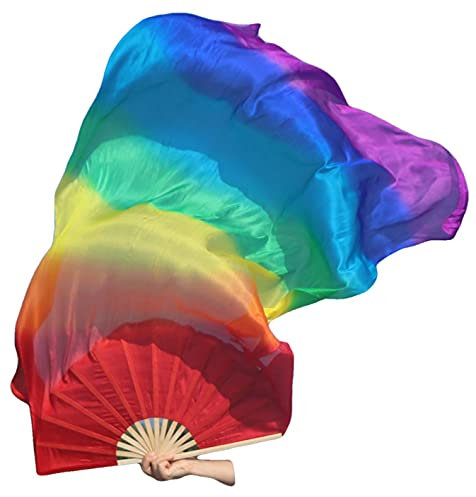 Winged Sirenny 150cm Dance Silk Fan Veil Right Hand Only. Belly Dance, Flow Art, Performance. Bamboo Handle, Adjustable Screw rivets & Carry Bag (Rainbow)