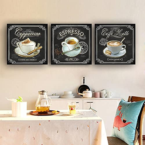 Yooyu Imagen impresa Carteles e impresiones de café de cocina vintage Cuadros de pintura en lienzo para barras de cocina Decoraciones de café 40x40cm (16x16in) x3 Marco interno