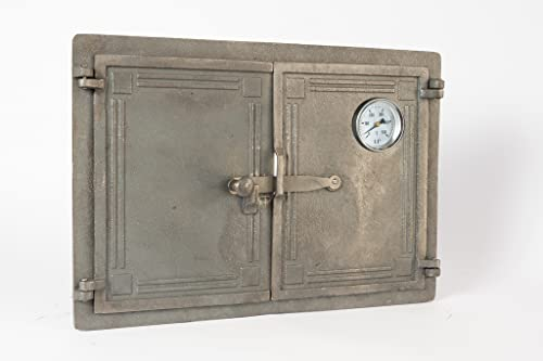 SEZAM Puerta doble para horno de pan de hierro fundido con termómetro de 500 °C, con pestillo, puerta para horno de pizza, horno de pan, puerta de horno de piedra, 48 x 3 x 32,5 cm, sin pintura