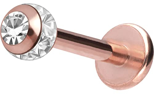 PIERCINGLINE Chirurgenstahl Labret Stecker EPOXY-RING-KUGEL + KRISTALL Piercing Lippe Ohr Nase Roségoldfarben 3 x 1,2 x 8 mm
