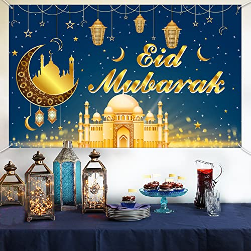 Ramadan Banner, Extra Großes Stoff Eid Mubarak Banner mit Sternen Mond Moschee Blau Goldenes Eid Al-Adha Hänge Schild Dekoration für Wand Garten Tabelle Islamische Ramadan Party Festival Hintergrund