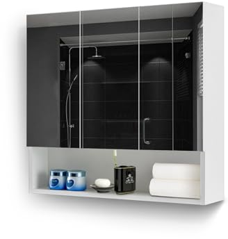 TUKAILAi 3 Door Bathroom Mirror Cabinet with Open Storage Wall Mounted Cabinet with Adjustable Shelves for Bathroom