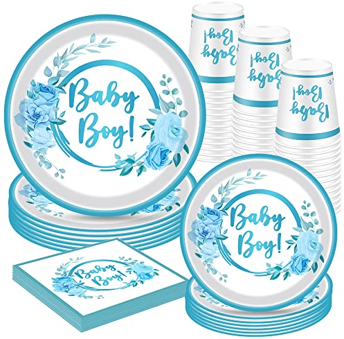 Baby Shower Plates and Napkins Baby Boy Decorations 16 Pack Baby Blue Floral Paper Plates, Napkins, Paper Cups for Baby Boy Gender Reveal Baby Shower Party Supplies.