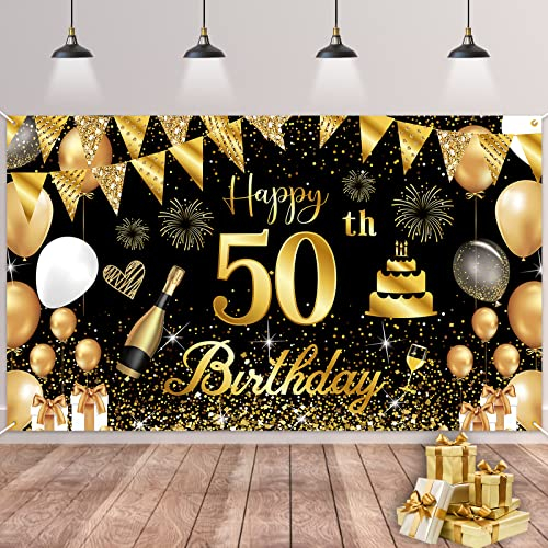 50.Geburtstag Banner Schwarz Gold,BTZO 50.Geburtstag Frauen,Deko 50 Geburtstag Mädchen,50 Geburtstag Hintergrund Banner für 50 Party Geburtstagsdeko