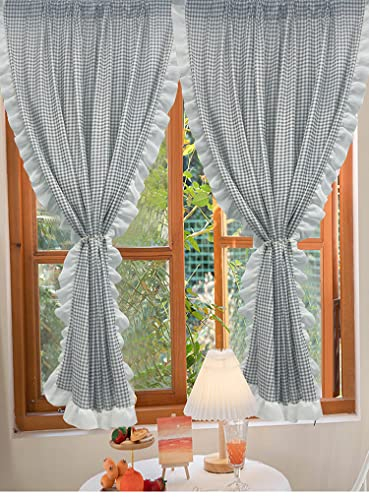 Yaland Scheibengardinen Gardinen Schal Landhausstil Karo Vorhänge Vintage Stangendurchzug Blickdicht Breite 90cm Hoch 120cm Grau