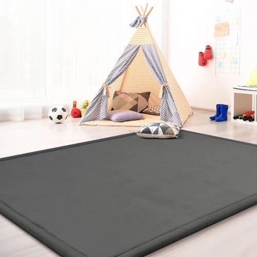 TT Home Krabbelmatte Babyzimmer Teppich Spielmatte Kinder Unifarben rutschfest Flauschig, Farbe: Grau Anthrazit, Größe:200x280 cm