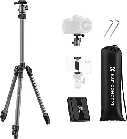 K&F Concept Ultral-leicht Kamera Handy Stativ, Tripod mit 168cm Höhe, Alu Reisestativ für DSLR Kamera, Stativ für Smartphone mit Handy Halterung,Stativ mit CNC-Kugelkopf, Schnellwechselplatte F263A4