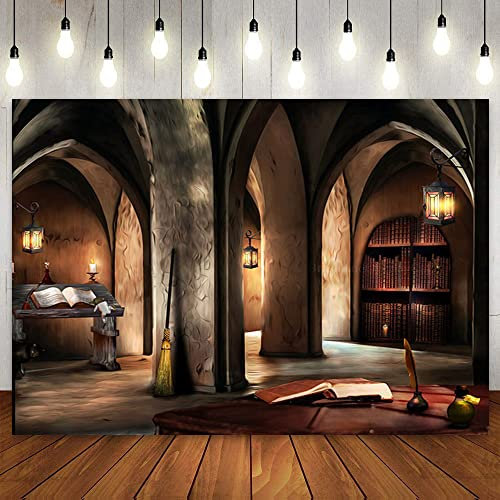 Zauberer Zauberschule Backdrop Gothic Castle Library Halloween Fotografie Hintergrund für Kinder Jungen Mädchen Geburtstagsfeier Banner 240X180cm