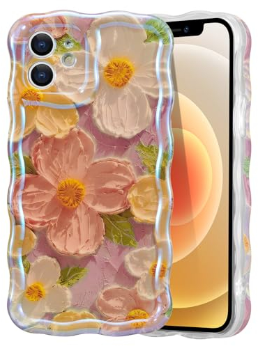 EYZUTAK Case for iPhone 11, Colorful Retro Oil Painting Flower Laser Beam Glossy Pattern Cute Curly Waves Border Exquisite Phone Cover Stylish Durable Soft TPU Protective Case for Girls Women - Pink