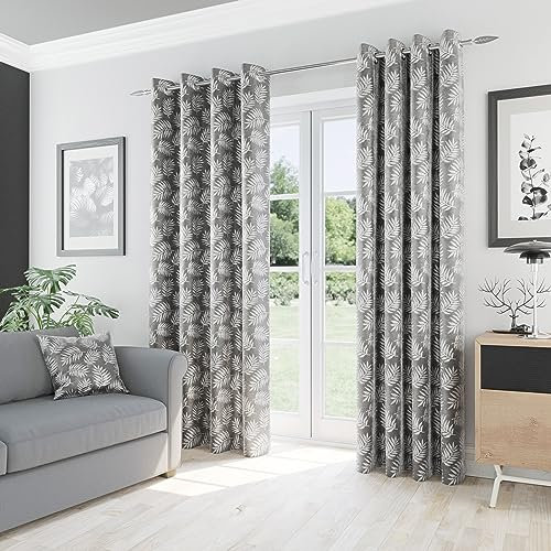Oakland Grey Leaf Print Thermal Blockout Curtains with Eyelet Top - 66 x 72 inch (168x183cm) - Energy Saving & Noise Reducing Curtains for Living Room & Bedroom