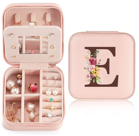 Schmuckkästchen Klein Reise für Damen Mädchen, Schmuckkasten mit initiale E, Mini Schmuckschatulle mit Spiegel für Ringe, Ohrringe, Halskette für Damen Geschenk für Geburtstag, Weihnachten, Muttertag