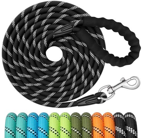 X XBEN Training Leads for Dogs, 30M/98FT Strong Rope Long line Dog Lead Leash with Soft Padded Handle and Heavy Duty Hook, Reflective Recall Training Leads for Large Medium Small Dog, Black