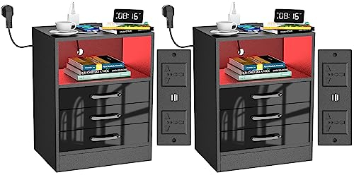 PIPIPOXER 2er Set Nachttisch mit Steckdose & USB, Nachttisch Schwarz Hochglanz, Nachttische mit 3 Schubladen Nachschrank für Wohnzimmer, Schlafzimmer, 40x35x60cm