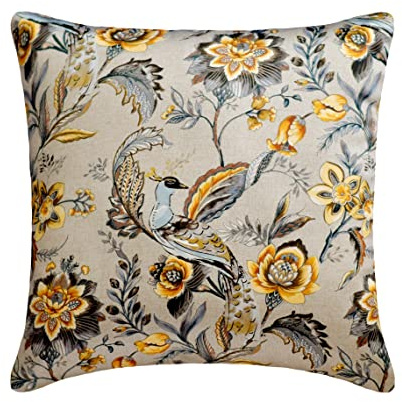 Fabric Mart Direct Dekorativ Grau & Gelb Kissen Überzüge, 40 x 40 cm Satin Kissen, Kissenhülle mit Pfau, Blumen Kissen, Art Deco Kissen Überzüge - Peacock Beau