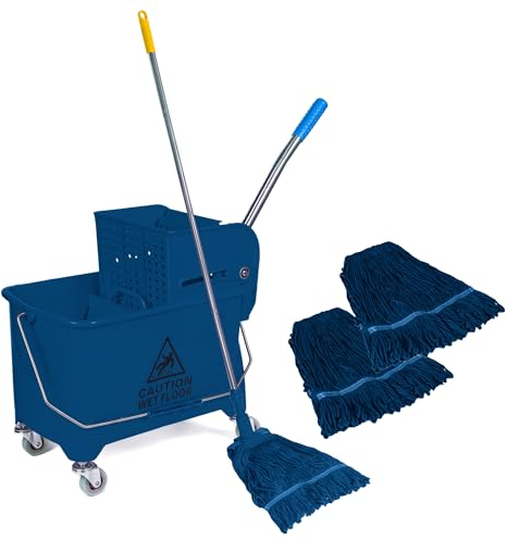 Curvaso 20L Blue Kentucky Mop Bucket & Wringer System with Wheels | Includes 2 Mopping Heads & Handle Holder | Commercial & Home Floor Cleaning