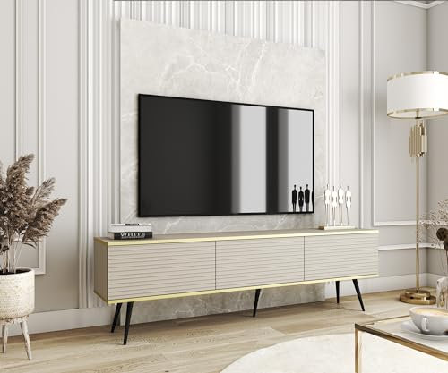 3E 3xE living.com TV- Schrank mit Lamellen in Beige mit Schwarzen Beinen, D: L: 175 cm, H: 53 cm, T: 32 cm