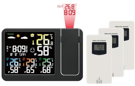 KETOTEK Digitaler Funkwecker mit Projektion, kabellose Wetterstation, Innen- und Außenthermometer, Hygrometer, Temperatur- und Luftfeuchtigkeitsmonitor, Wettervorhersage mit 3 Fernsensoren