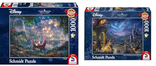 Schmidt Spiele 59480 Thomas Kinkade, Disney, Rapunzel, 1000 Teile Puzzle, Single & 59484 Thomas Kinkade, Disney Die Schöne und das Biest, Tanz im Mondlicht, 1000 Teile Puzzle