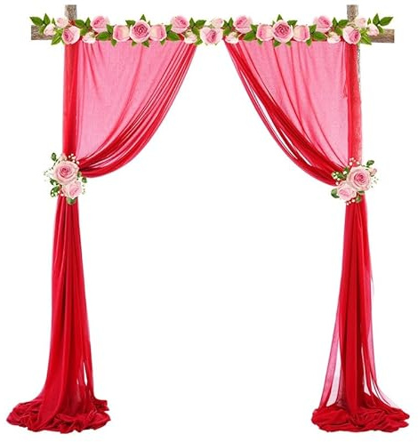 Querbehang Freihanddeko,2 Stück 75 * 600cm Chiffon Tüll Foto Hintergrund Vorhang Hochzeitsbogen Drapierung Stoff Freihanddeko Dekoration für Hochzeit Fotografie Party Geburtstag Taufe -Rot