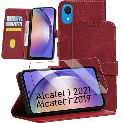 HuiYouMY 2-in-1 Case Compatible with Alcatel 1 2021 Leather Phone Case, Wallet Case Cover [Card Slots] [Kickstand] Magnetic Closure Full Protection Book Folio Design wallet flip phone case - Red