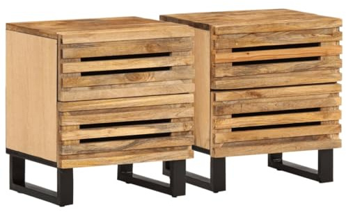 vidaXL Nachttische 2 STK., Nachttisch mit Stauraum Metallbeine, Nachtschrank für Schlafzimmer, Nachtkommode Nachtkonsole, Raues Massivholz Mango