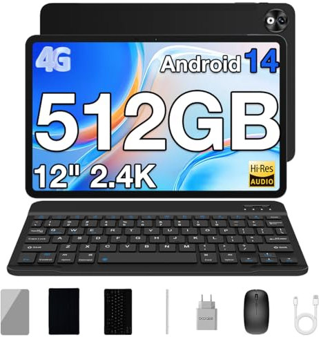 DOOGEE T40 Pro Tablette avec Clavier, 20GB+512GB(TF 2TB) Helio G99 Tablette 12 Pouces 2,4K Écran, Android 14 Tablette Tactile 10800mAh/16MP/4G LTE avec Clavier Souris Stylet Capacitif, Noir