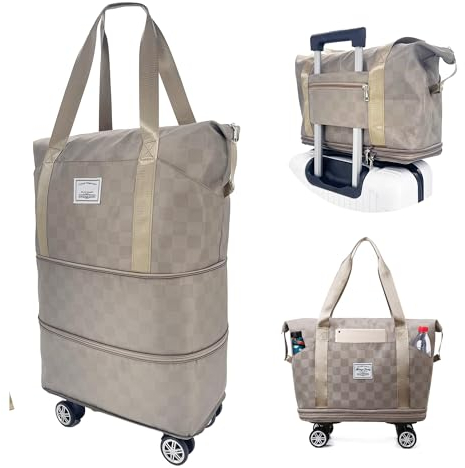 Groß faltbar Reisetasche mit Rollen - faltbar abnehmbare Rollräder, Handgepäck Tasche, Koffer Stoff, Weekender Damen, ideal für Reisen, Camping, Geschäftsreise - Checkerboard Wochenendtasche (Khaki)