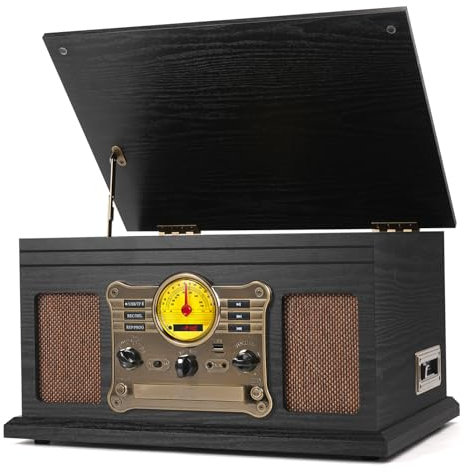Tocadiscos Bluetooth vintage 10 en 1 con altavoces integrados, reproductor de CD y casete, radio AM/FM, grabación USB/TF, centro multimedia de vinilo retro nostálgico de madera de 3 velocidades, color