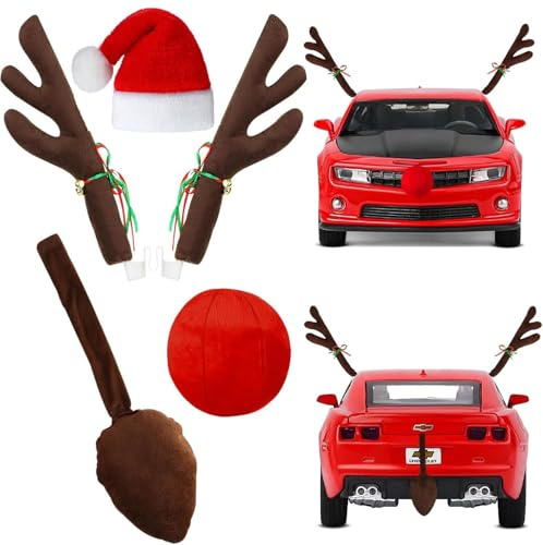 Mcvcoyh 5 Pieces Reindeer Car Christmas Decoration, Christmas Car Decoration with Reindeer Antlers Brown Tail, Red Nose, and Christmas Stickers Elks