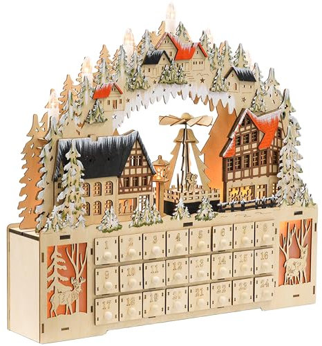 HOMCOM Adventskalender zum Befüllen 24 Schubladen Fächer Weihnachtskalender mit LED-Lichtern Adventskalenderbox Weihnachtsdekoration DIY MDF Naturholz 45 x 9 x 42,5 cm