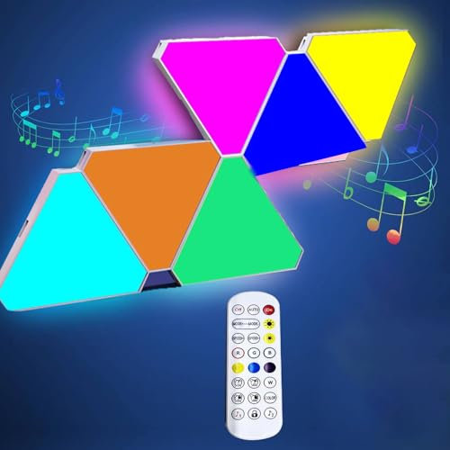 Triangle Light Panels, Gaming Lights, Snap-on Led Wall Light, Party Lights with Bluetooth, Remote Control, Time Led Wall Lights with Music Sync, for Gaming Room Streaming, 6 Pack