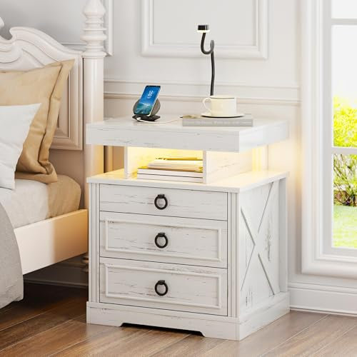 Gurexl LED Bedside Table with Gun Drawer, Charging Bedside Table with USB & Type-C Port, Human Sensor Light, Open Compartment and 2 Drawers Rustic Wood Sofa Side End Table(Rustic White)