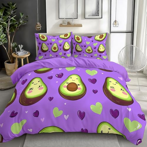 Quixora Bettwäsche 135 x 200 cm Wende Bettbezug Set 3 Teilig, Lila, Muster Niedliche Avocado, Weiche Microfaser Bettbezug mit Reißverschluss und 80x80cm Kissenbezug