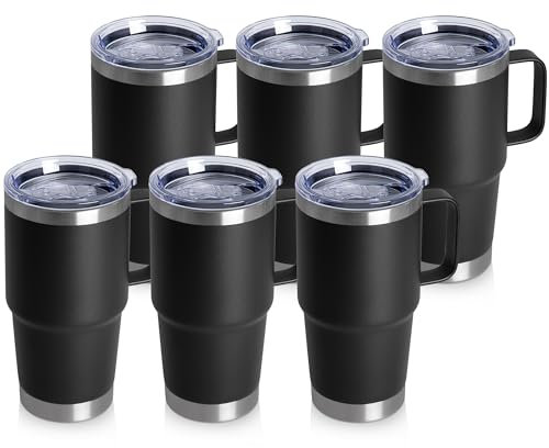 20oz Tumbler Bulk with Lid, Stainless Steel Tumbler Bulk with Handle, Metal Insulated Travel Coffee Mug Set with Handle, Double Wall Vacuum Leak Proof Tumbler Cup, Black 6 Pack