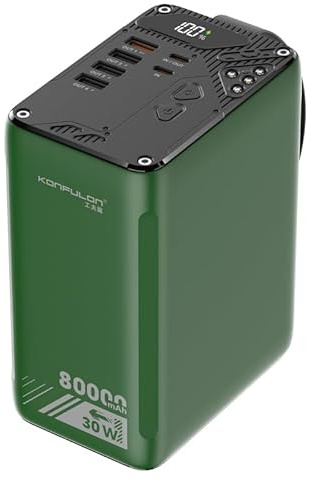 Konfulon 80000mAh Power Bank, PD 30W 22.5W Super Fast Charger, 6 Output Ports, Dual USB-C Input, Compatible with iPhone, iPad, Android S25, Outdoor Camping LED Light, Floodlight Battery Pack (GREEN)
