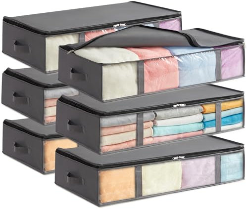 Lifewit 6 Stück Unterbettkommode Aufbewahrungstasche, Faltbare Unterbett Aufbewahrungsbox, Storage Boxes mit Deckel, Unterbett Aufbewahrung für Kleider Unterbett Kleiderschrank, 90L Grau