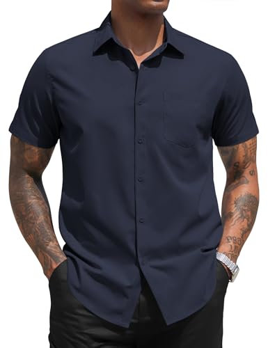 COOFANDY Men's Shirt Short Sleeve Button Down Dress Shirt Summer Formal Casual Business Office Work Shirts with Chest Pocket Easy Care Regular Fit Dark Navy 3XL
