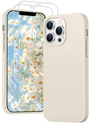 PuyaTeya 3 in 1 Hülle für iPhone 12 pro max, mit 2 Stück 9H Panzerglas Premium Liquid Silikon Hülle, mit 4-Layer stoßfeste abriebfestes, Soft Mikrofaserfutter Kratzfes Schutzhülle(Beige)