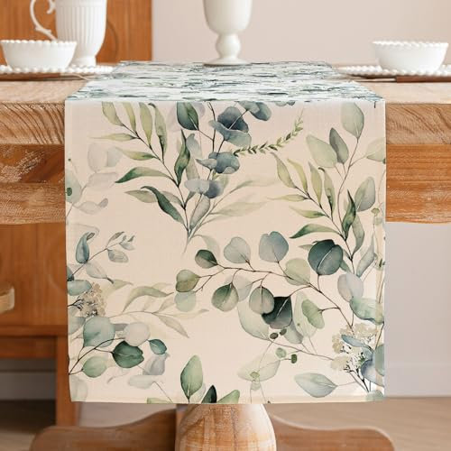 Jayusaror Eukalyptus Tischläufer Frühling Sommer Grün Blatt Botanical Modern Tischdekoration Table Runner Saisonal Küche Esstisch Dekoration Draußen Urlaub Party Wohnzimmer Deko 40 x 140 cm