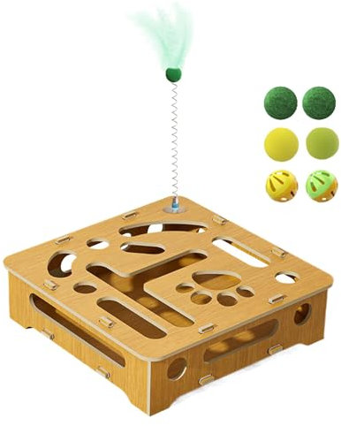 Cat Puzzle Box, Cat Toys Puzzle Wood Box, Feather and Balls Cat Puzzle, Indoor Sports Entertainment Cat Toys, Cat Hunting Toys for Indoor Cats, Agility Toys for Cats, Cat Interactive Puzzle Box