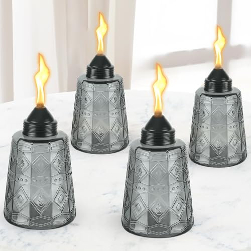 KintKita Tischfackeln für den Außenbereich, 4 Stück, Glas-Tischfackel mit Dochten und Kappe, Garten-Citronella-Fackeln, Outdoor-Flammenlicht für Hof, Garten, Dekoration, Party, Terrasse, Landschaft