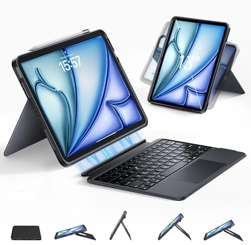 HOU Étui clavier amovible pour iPad Air 13 (M3/M2 2025), étui de clavier amovible pour iPad Pro 13 M4/12,9 6/5/4/3ème (2024-2018), support rotatif magnétique, pavé tactile multiple, rétroéclairage 7