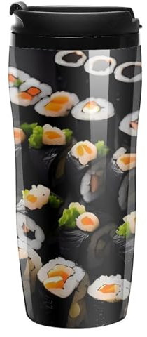 AQRJLPM Japanese Sushi Black Coffee Mug 350ml Double Wall Insulated Travel Coffee Tumbler for Hot/Ice Tea To Go Cups with Lids Leak-proof And Skid-proof Design for Home, Office, Parties
