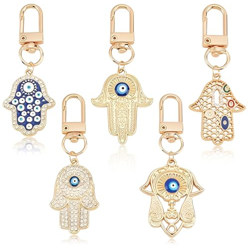 MaehSab Lot de 5 porte-clés en forme de main de Fatima contre le mauvais œil, protection des mains, pendentifs mauvais œil porte-bonheur